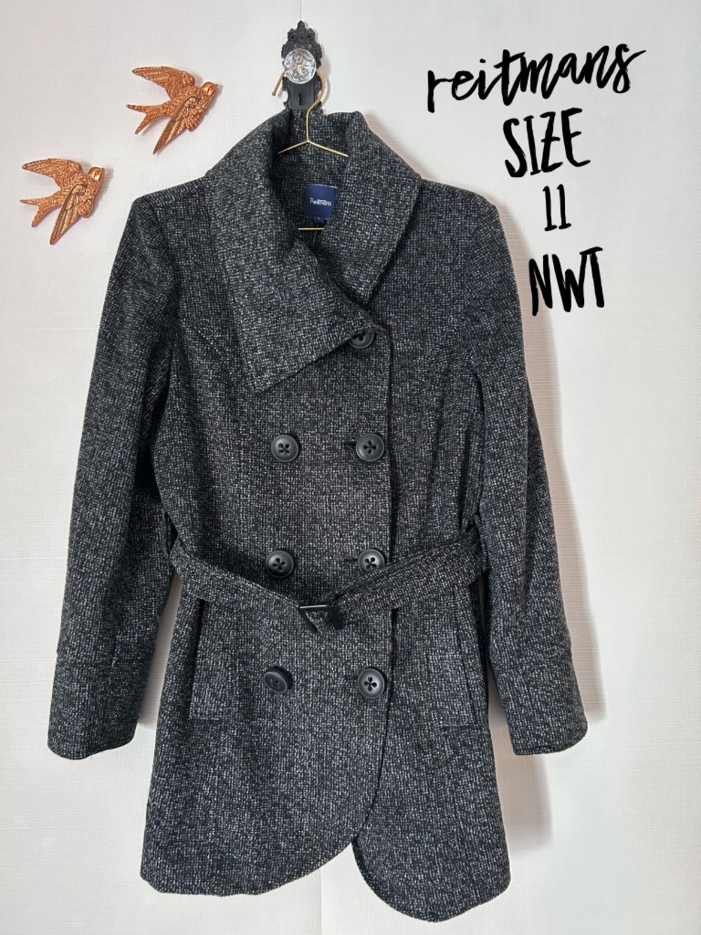 NWT Reitmans Belted Double-Breasted Heathered Pea Coat
